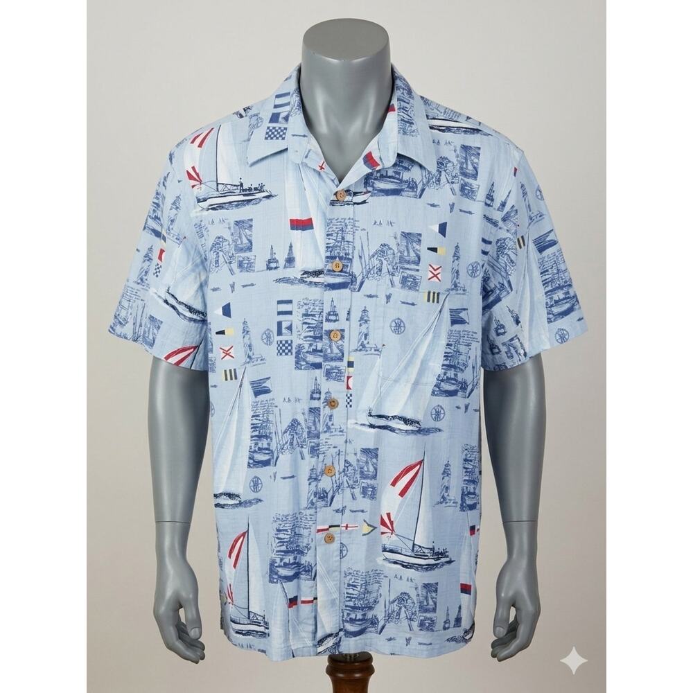 Keeler Bay Nautical Graphic Print Short Sleeve Button-Up Shirt Blue Size L